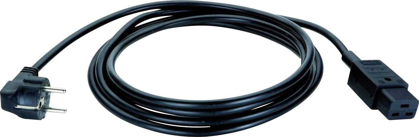 Ein langes schwarzes Stromkabel mit einem EU-Stecker an einem Ende und einem universellen Computerstromstecker am anderen Ende, ordentlich aufgewickelt.