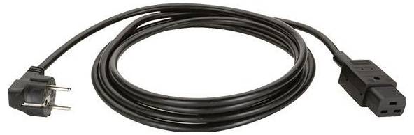 Ein schwarzes Stromkabel mit einem zweipoligen Stecker an einem Ende und einem C13-Stecker am anderen Ende, typischerweise zum Verbinden von elektronischen Geräten mit Stromquellen verwendet.