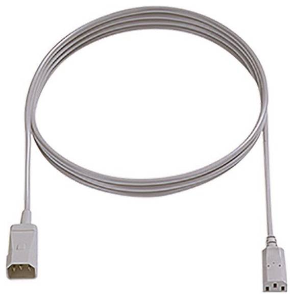 Ein langes, aufgerolltes weißes Kabel mit einem Stecker auf der einen Seite und einer Buchse auf der anderen Seite, das für elektrische Verbindungen verwendet wird.