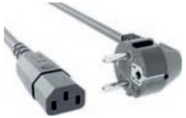 Ein Stromkabel mit einem C13-Stecker auf einer Seite und einem Schuko-Stecker auf der anderen Seite, normalerweise zum Anschluss elektronischer Geräte an Steckdosen verwendet.