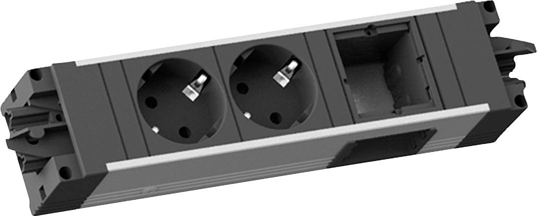 Ein schwarzes rechteckiges Stromverteilersteckerleiste mit zwei runden europäischen Steckdosen und einem leeren quadratischen Schlitz auf weißem Hintergrund.