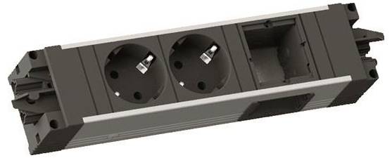Eine modulare Elektrosteckdosenleiste mit zwei europäischen Steckdosen und einem leeren Platzhalter für zusätzliche Module.