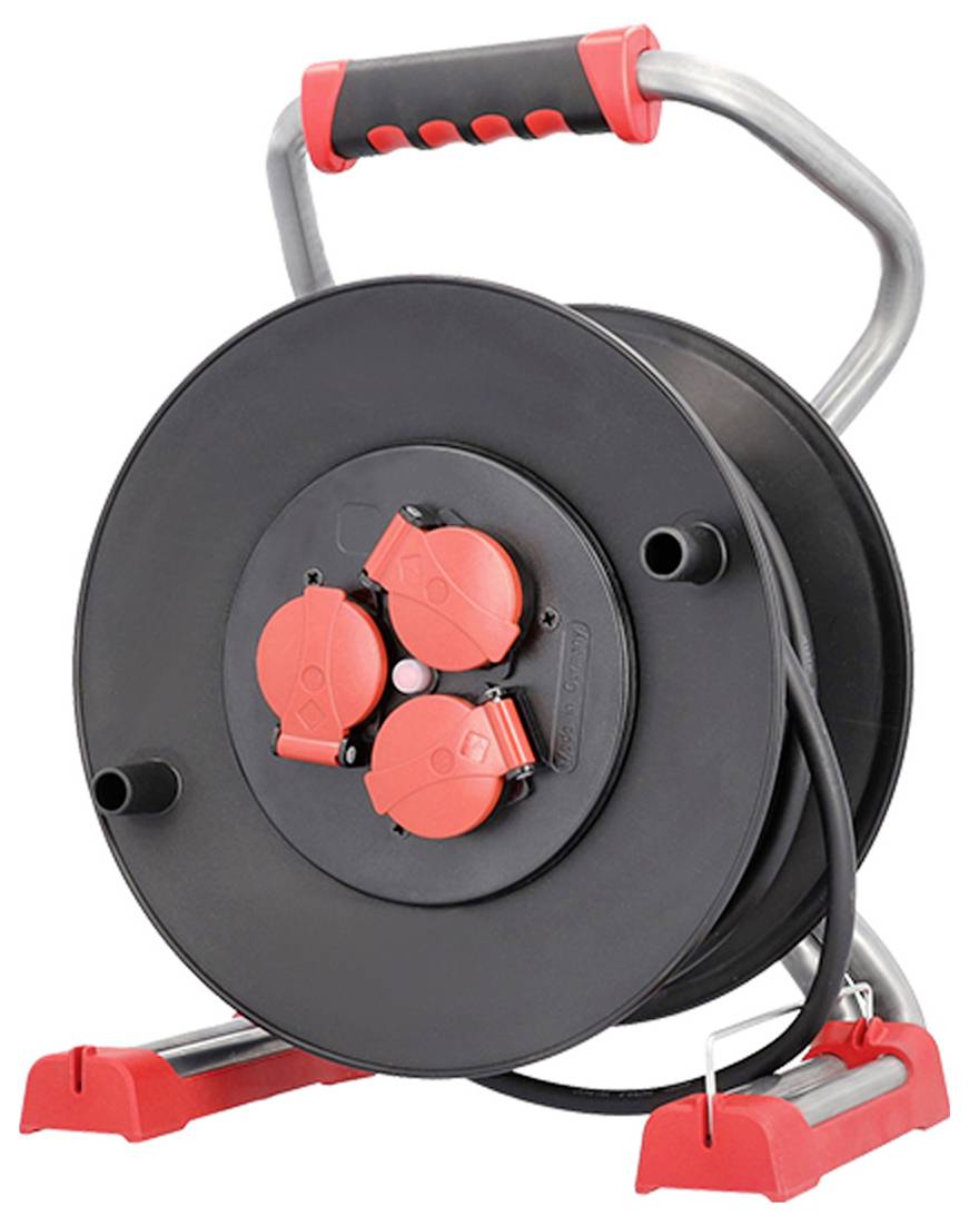 Tragbare Kabelrolle in Schwarz und Rot mit drei roten Steckdosen und einem robusten Griff zum einfachen Transport.