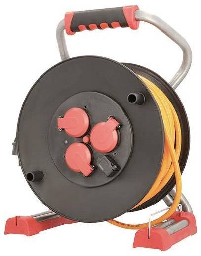 Tragbare Stromkabelrolle mit orangem Kabel und drei roten Steckdosen, entwickelt für elektrische Konnektivität in verschiedenen Umgebungen.