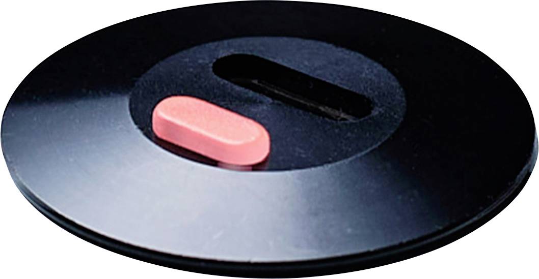 Eine runde schwarze Schaltfläche mit einem roten ovalen Schieber in der Mitte, positioniert auf einer glänzenden Oberfläche.