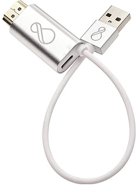 Ein silberner USB-zu-HDMI-Adapter mit einem weißen flexiblen Kabel wird gezeigt, das auf jedem Stecker ein Logo aufweist.