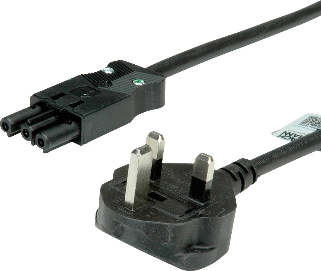 Ein schwarzer dreipoliger Stromstecker mit einem entsprechenden dreipoligen Anschlusskabel, das häufig für elektrische Geräte verwendet wird.