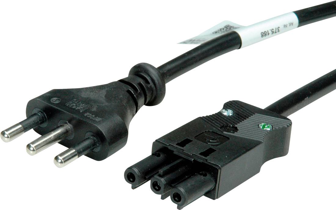 „Ein schwarzes Stromkabel mit einem dreipoligen Stecker auf der einen Seite und einem C19-Stecker auf der anderen Seite.