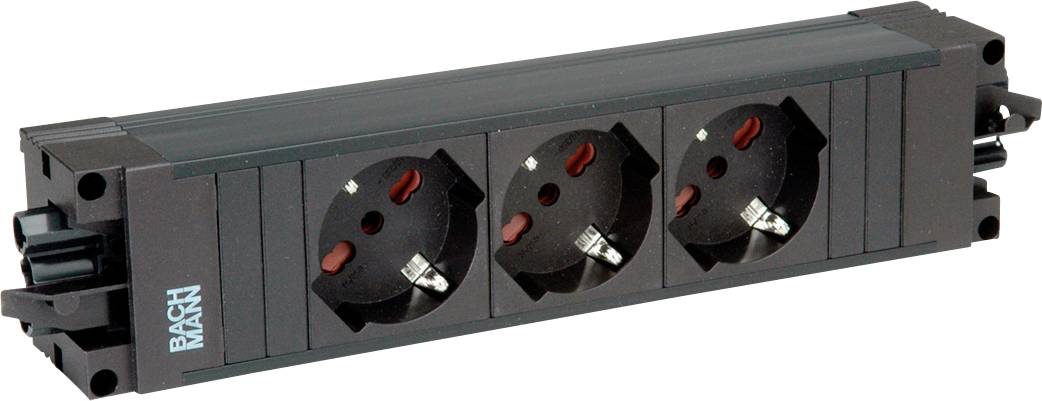 Eine lange, rechteckige Steckerleiste mit drei runden elektrischen Steckdosen in einer Reihe, konstruiert zum Montieren.