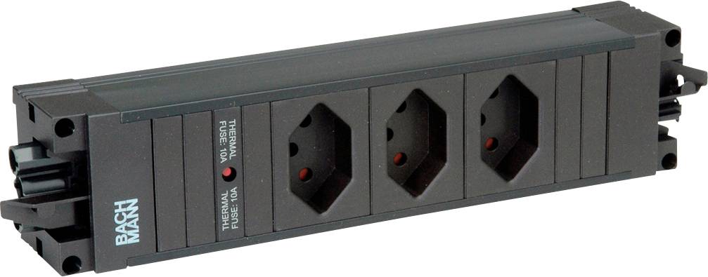 Bachmann 3-fach Steckdosenleiste, schwarz mit drei europäischen Steckdosen in einer Reihe. Konzipiert zur Montage in Netzwerk- oder Server-Racks.