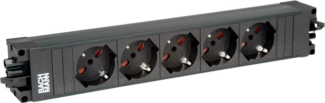 Eine schwarze Steckdosenleiste mit sechs europäischen Steckdosen, auf der Seite mit „Bachmann