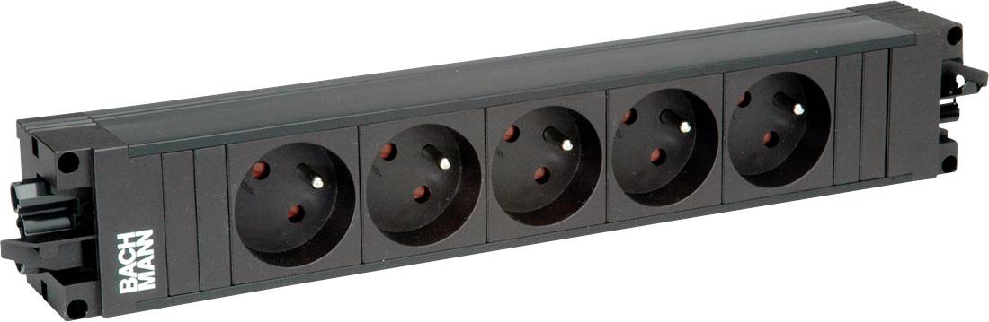 Eine Reihe von fünf schwarzen Elektrosteckdosen auf einem horizontalen Panel, mit der Bezeichnung „Bach Mann