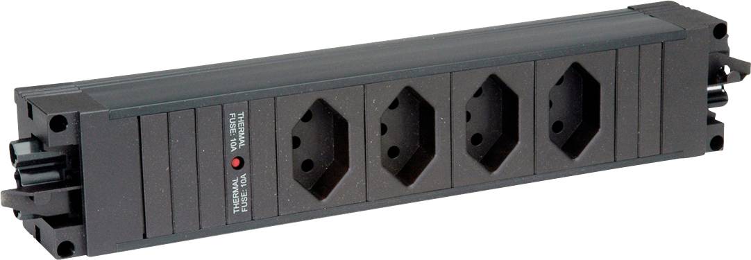 Ein schwarzer Überspannungsschutz mit vier Steckdosen in einer Reihe, von denen eine einen roten Schalter hat. Das Gerät ist für elektrische Sicherheit ausgelegt.