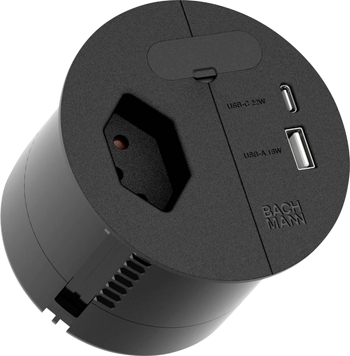 Eine schwarze zylindrische Steckdose mit einem USB-C-Anschluss mit 22W, einem USB-A-Anschluss mit 18W und einer Standard-Steckdose. Die Marke „Bachmann