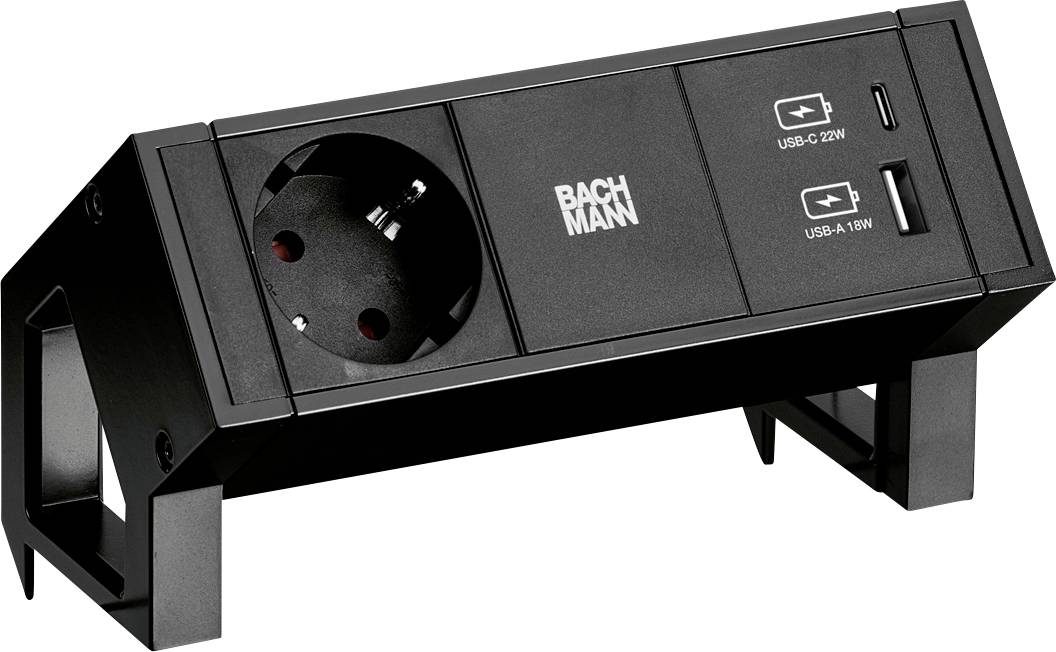Ein schwarzes Tischstrom-Verteilersystem mit europäischem Stromanschluss, einem USB-C-Anschluss mit der Bezeichnung „22W