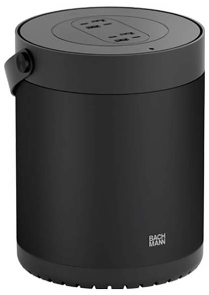 Eine schwarze zylindrische Steckdose mit USB-Anschlüssen oben, mit der Bezeichnung „Bachmann