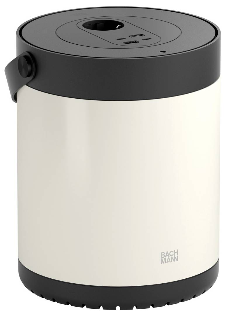 Ein zylindrischer, creme- und schwarzfarbener Behälter mit einem Griff an der Seite, mit einem Logo in der Nähe der Basis.