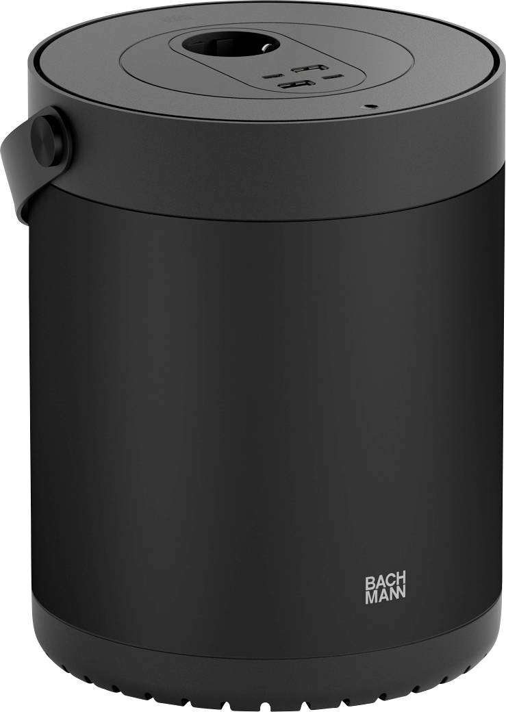 Ein schwarzer zylindrischer Behälter mit der Aufschrift „Bachmann