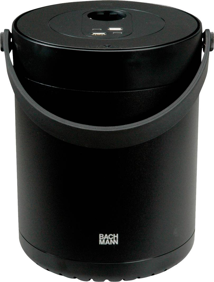 Ein schwarzer tragbarer Zylinderlautsprecher mit Griff, mit zwei USB-Anschlüssen oben und „BACHMAN