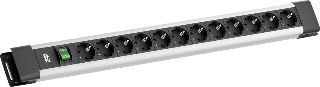 Ein horizontales Steckdosenleiste mit zwölf Steckdosen, einem grünen Netzschalter und einem schützenden Aluminiumgehäuse.