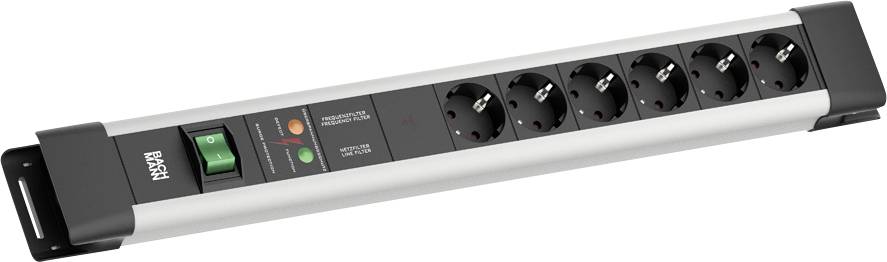 Steckerleiste mit sechs Steckdosen, grünem Stromschalter und Überspannungsschutzanzeigen. Markenname sichtbar. Konzipiert für elektrische Geräte.