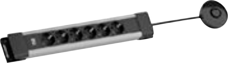 Eine silber- und schwarze Steckdosenleiste mit fünf Steckdosen und einem schwarzen Stecker, konzipiert für elektrische Geräte.