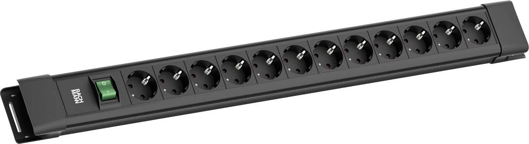 Eine schwarze Steckdosenleiste mit 16 europäischen Steckdosen und einem Ein-Aus-Schalter auf der linken Seite.