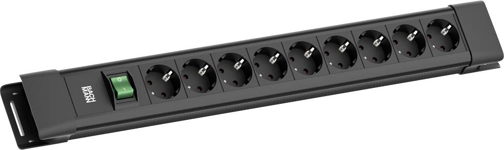 'Eine schwarze Steckerleiste mit acht europäischen Steckdosen und einem grünen Schalter, mit der Marke 'Bach'.'
