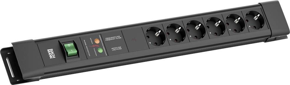 Schwarze Steckdosenleiste mit sechs europäischen Steckdosen, einem roten Netzschalter und zwei Kontrollleuchten für die Überspannungsschutz- und Erdungsstatus-Anzeige.