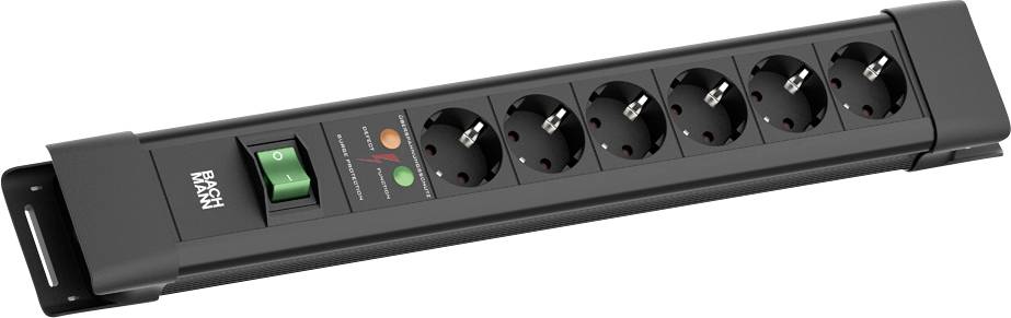 Eine schwarze Steckerleiste mit sechs Steckdosen, einem grünen Netzschalter und Überspannungsschutz-Kontrollleuchten, mit der Bezeichnung 