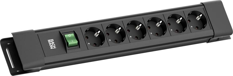 Eine schwarze Steckdosenleiste mit sechs Steckdosen und einem grünen Netzschalter.