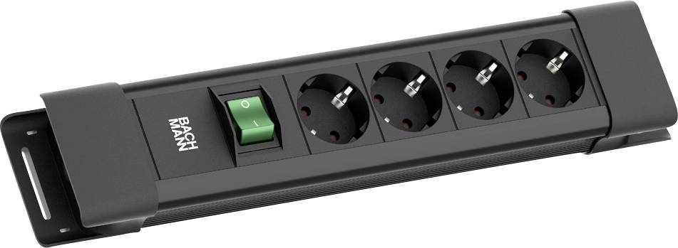Eine schwarze Steckerleiste mit vier europäischen Steckdosen und einem grünen Ein-/Ausschalter.