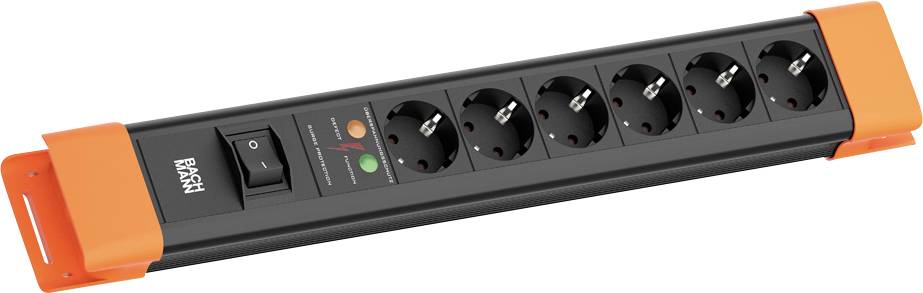 Ein Sechsfach-Steckdosenleiste mit orangefarbenen Endkappen und einem Schalter. Sie verfügt über Überspannungsschutz-Indikatoren und eignet sich zur Verwaltung mehrerer elektronischer Geräte.