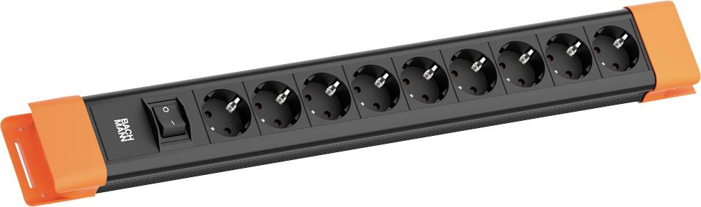 Eine schwarze Steckerleiste mit acht Buchsen und einer orangefarbenen Basis, mit einem Schalter zur Steuerung.