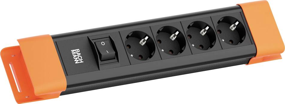 Ein schwarzer Steckerleistenblock mit vier Steckdosen, einem Ein-/Ausschalter und orangefarbenen Endkappen.
