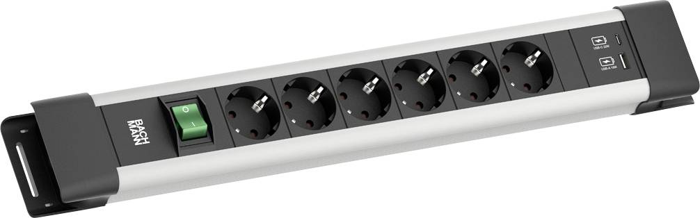 Eine Steckdosenleiste mit sieben Steckdosen, einem grünen Schalter und zwei USB-Anschlüssen an der Seite.