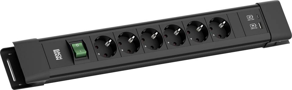 Eine schwarze Steckdosenleiste mit sechs europäischen Steckdosen, einem grünen Schalter und zwei USB-Anschlüssen, geeignet zum ordentlichen Organisieren mehrerer Stecker.