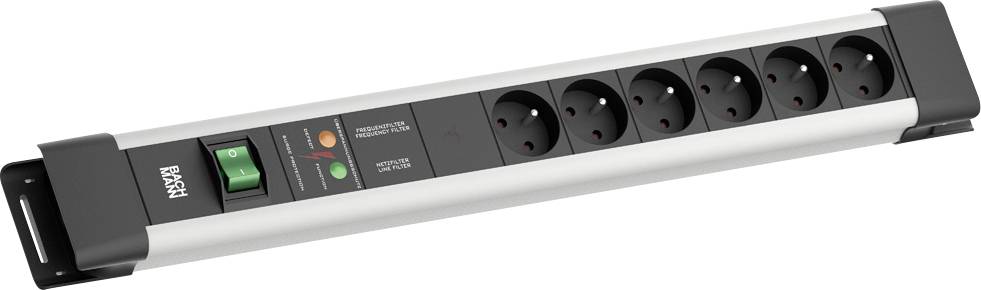 Eine Steckerleiste mit sechs Steckdosen und Überspannungsschutz, einschließlich Netzschalter und Kontrollleuchten zur Anzeige der Funktionalität und Erdung.