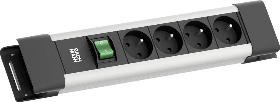 Eine rechteckige Steckdosenleiste mit vier europäischen Steckdosen und einem großen grünen Ein-/Ausschalter, entwickelt zur Montage mit Metallhalterungen.