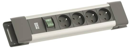 Eine silber- und schwarze Steckdosenleiste mit Markenlogo, ausgestattet mit vier runden Steckdosen und einem grünen Ein-/Ausschalter.