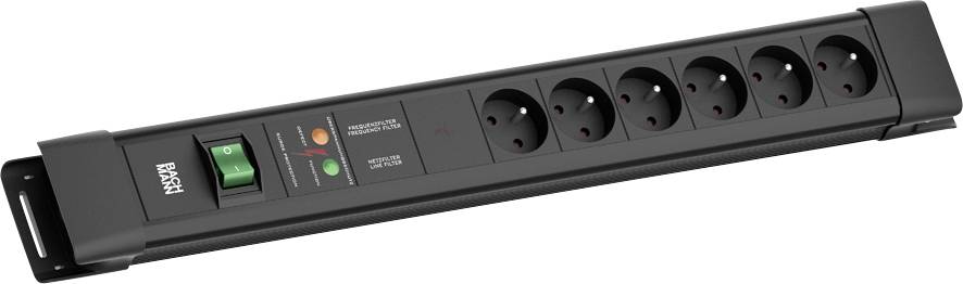 Schwarze Steckerleiste mit sieben Steckdosen, einem 