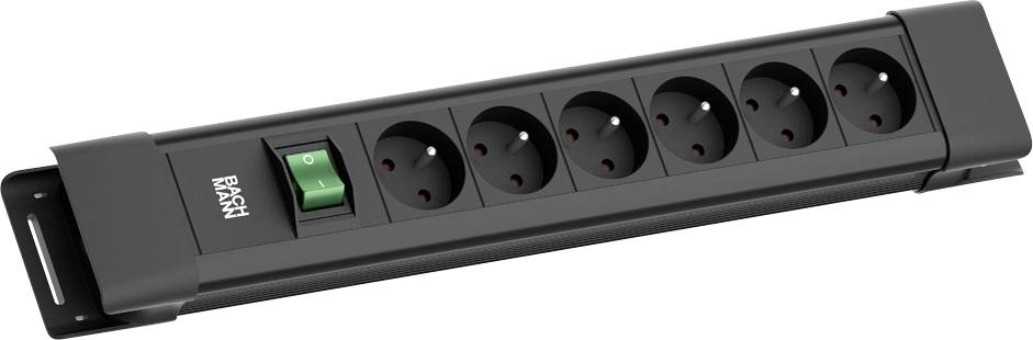 Eine schwarze Steckdosenleiste mit sechs europäischen Steckdosen und einem grünen Ein-/Aus-Schalter, geeignet zum Organisieren mehrerer elektronischer Geräte.