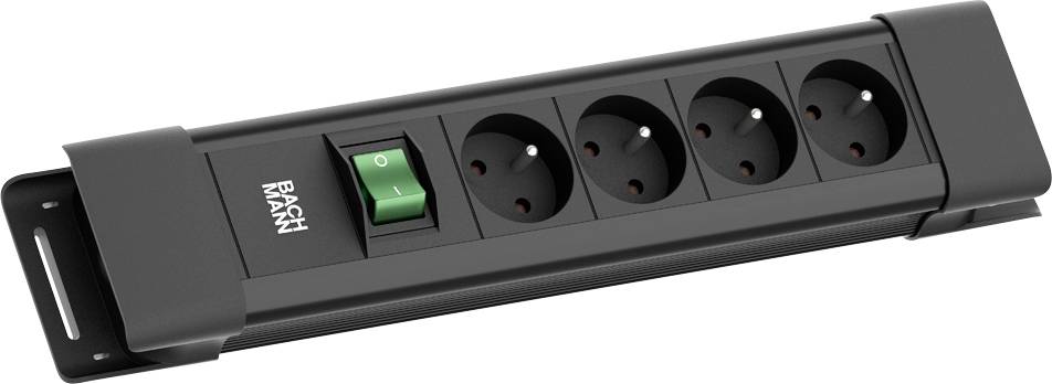 Ein schwarzes Mehrfachsteckdosen-Gerät mit vier Steckdosen und einem grünen Schalter ist abgebildet. Der Markenname ist auf der linken Seite des Geräts sichtbar.