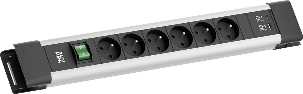 Eine silberne und schwarze Steckerleiste mit sechs Ausgängen und grünem Netzschalter, entworfen von Bachmann.