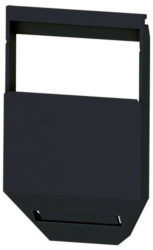 Eine schwarze, rechteckige Komponente, die einer Kunststoffunterlage oder Halterung ähnelt, mit einem verstellbaren oberen Bereich, möglicherweise für elektronische Geräte verwendet.