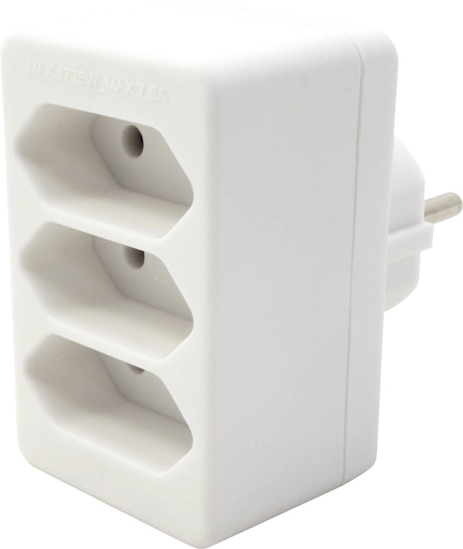 Ein weißer Dreifach-Steckdosenadapter mit drei Anschlüssen, der es mehreren Geräten ermöglicht, sich an eine einzelne Steckdose anzuschließen.