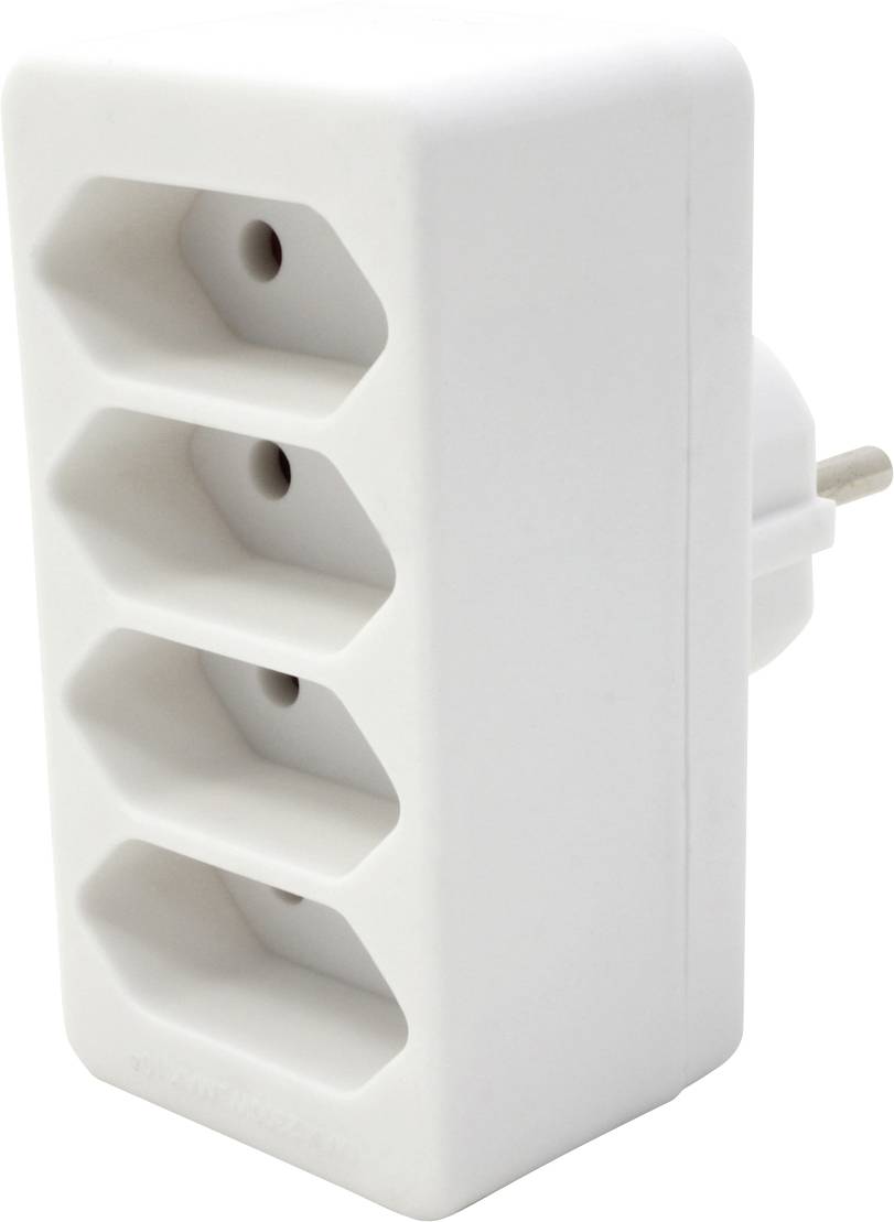 Ein weißer Mehrfachstecker mit drei Steckdosen, der dazu konzipiert ist, die Anzahl der verfügbaren Stromanschlüsse zu erhöhen.