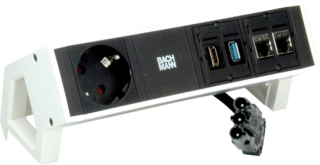 'Strom- und Datenmodul mit europäischer Steckdose, USB-Anschluss und Ethernet-Anschlüssen, mit der Bezeichnung „Bachmann