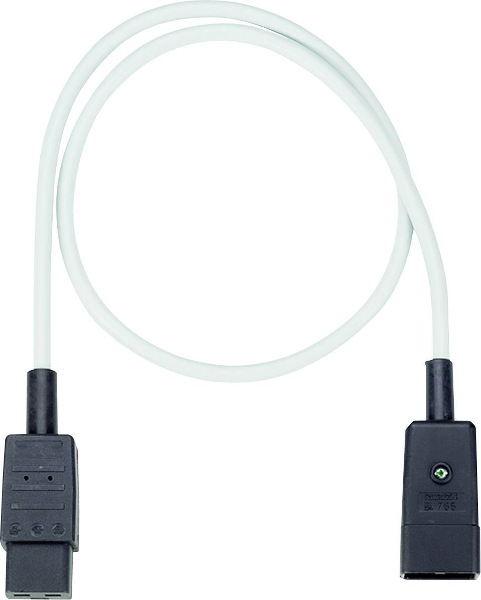 Ein weißes Y-Kabel mit zwei schwarzen Steckern an jedem Ende, das für Netzwerk- oder elektronische Verbindungen verwendet wird.