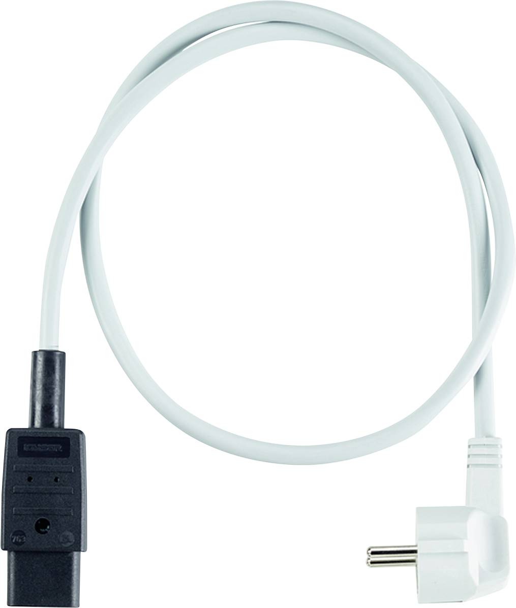 Ein weißes Stromkabel mit einem rechtwinkligen Stecker an einem Ende und einem schwarzen rechteckigen Stecker am anderen Ende, das für elektrische Verbindungen verwendet wird.